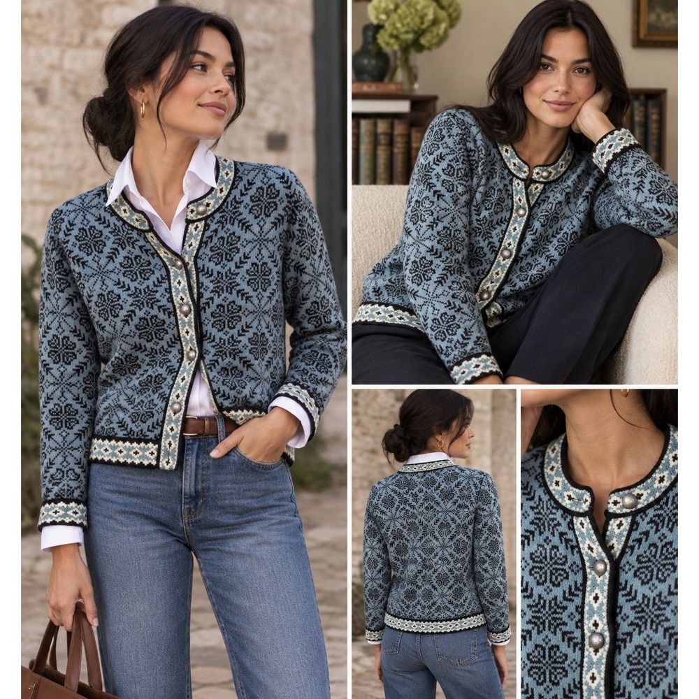 LL Bean Womens Nordic Fair Isle Cotton Cardigan Sweater Blue Black Medium Preppy